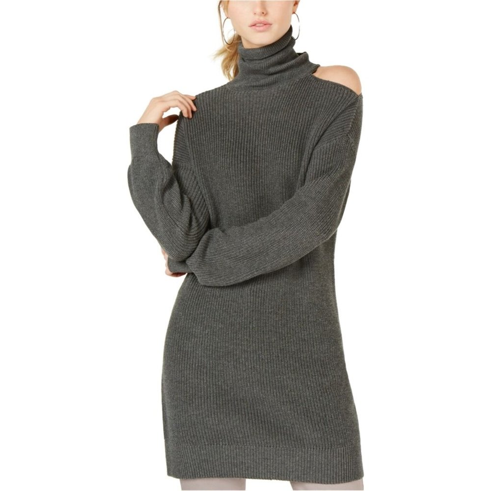 Bar III Women's Top XS Cold Shoulder Pullover Tunic Turtleneck Sweater Grey XS